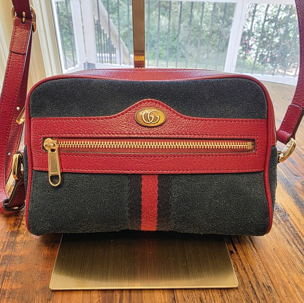💙 Gucci Ophidia Mini Crossbody Bag in Blue Suede with Red Leather - Picture 4 of 14